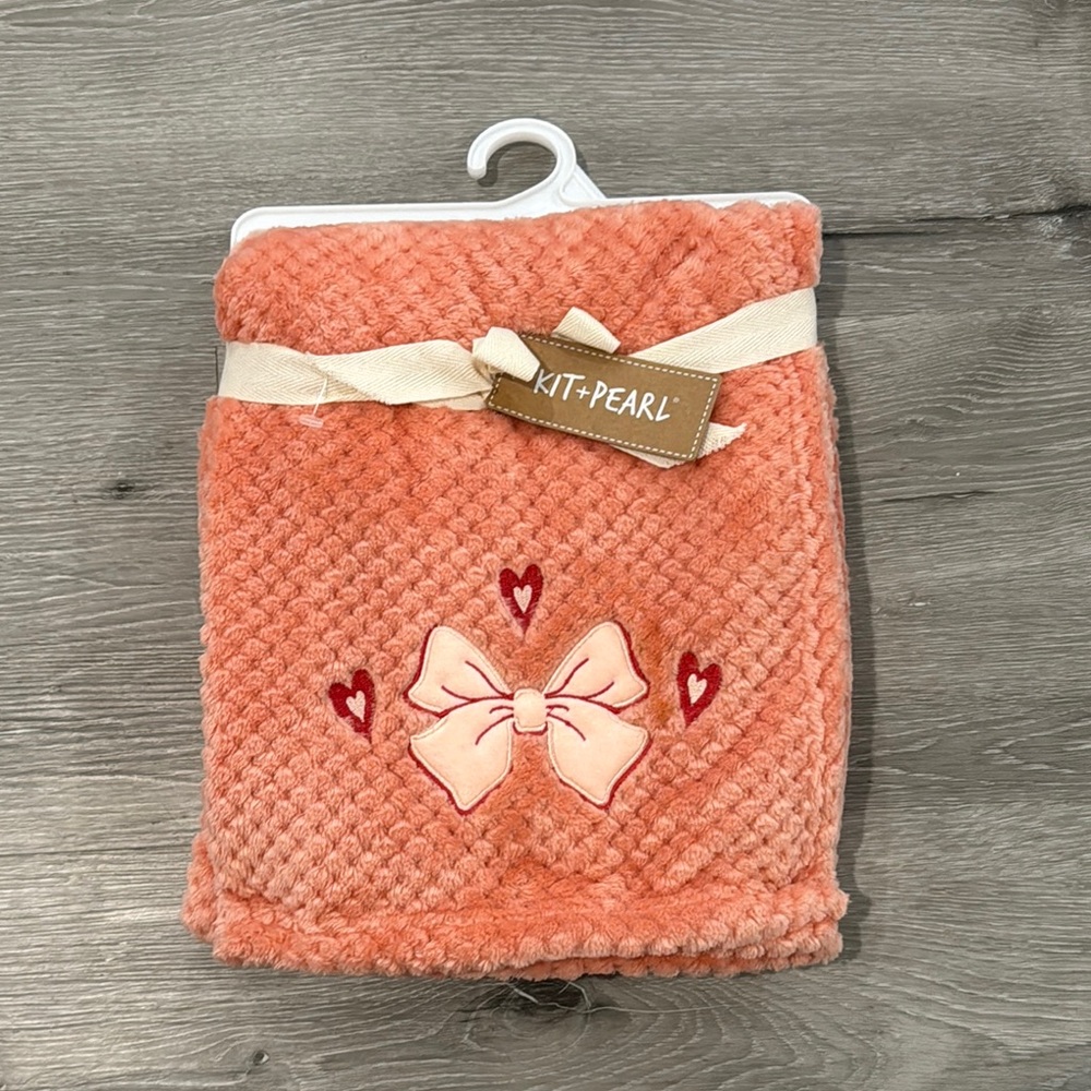 Kit Pearl Coral Textured Blanket with Bow and Heart Accents